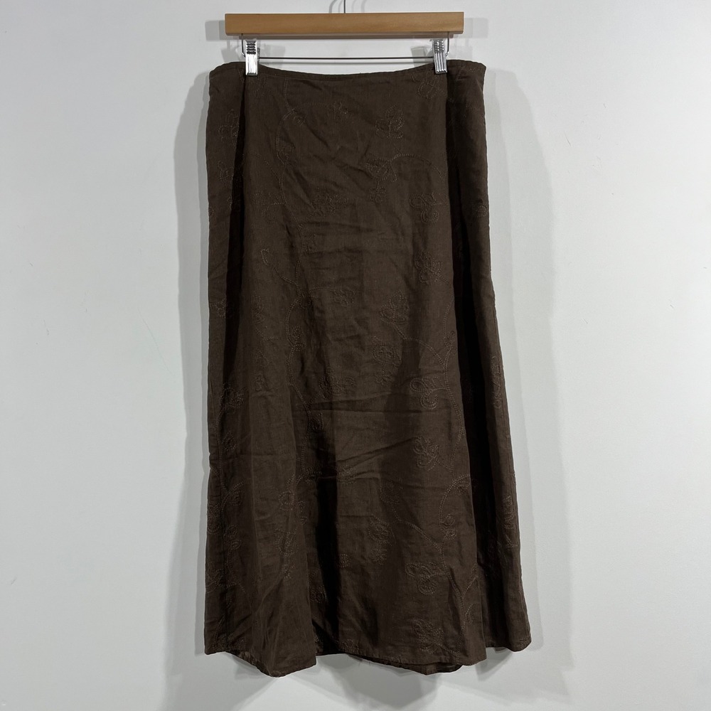 Carole Little VTG Fairy Grunge 90s Brown Embroidered Linen Midi Skirt 12 Boho